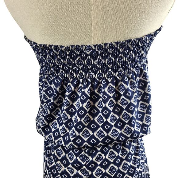 Ocean Club X-Small Blue White Geometric Romper Off Shoulder Smocked Tie Waist - Picture 8 of 14